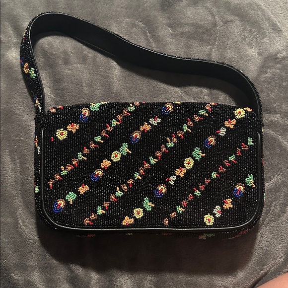 Anthropologie Black Floral Beaded Shoulder Bag - Picture 2 of 3